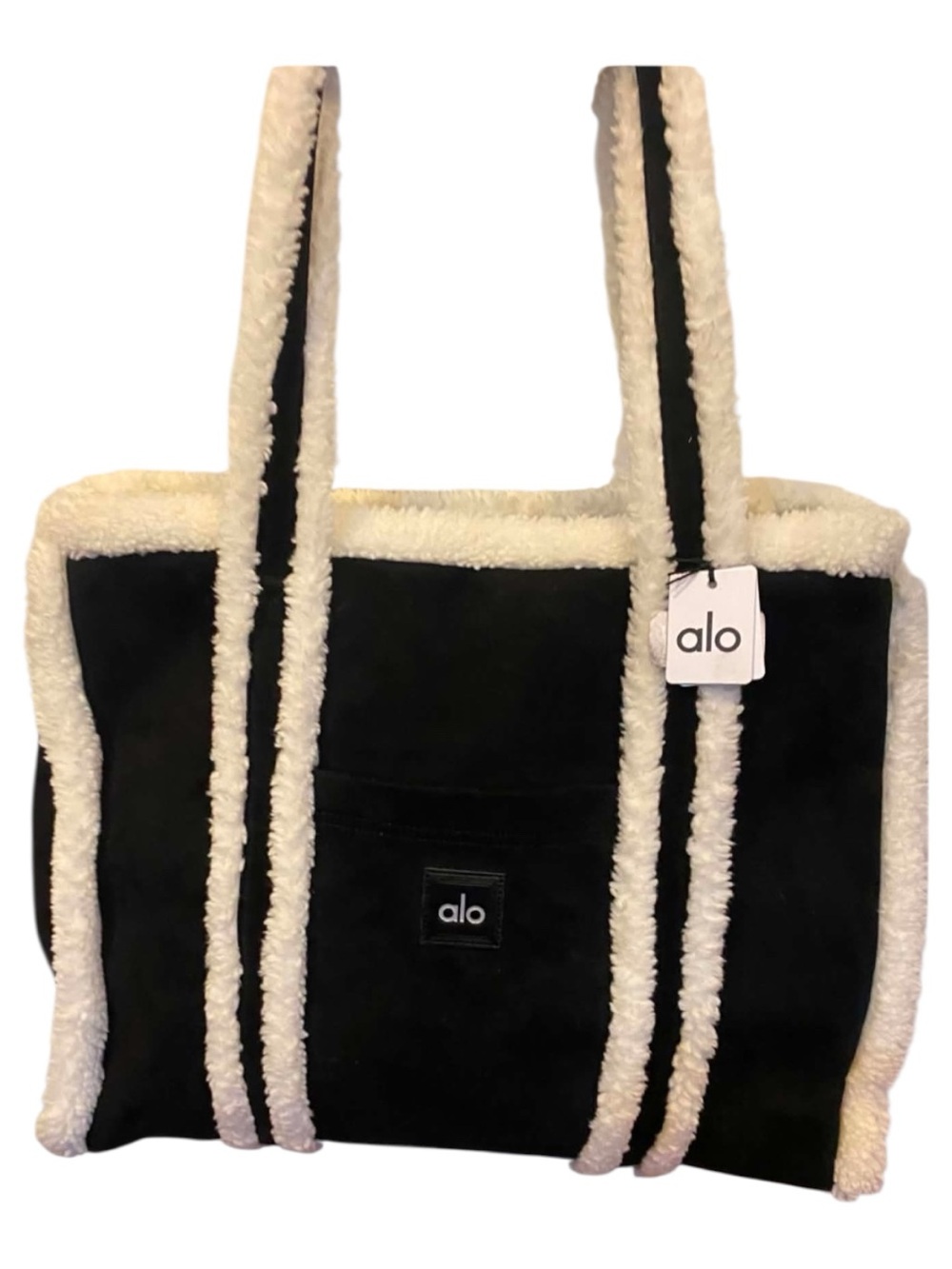 NWT Alo Yoga Winter Fun Fuzzy Huge Tote BLACK/IVORY